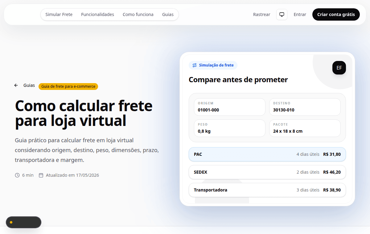 Prévia da página Como calcular frete para loja virtual