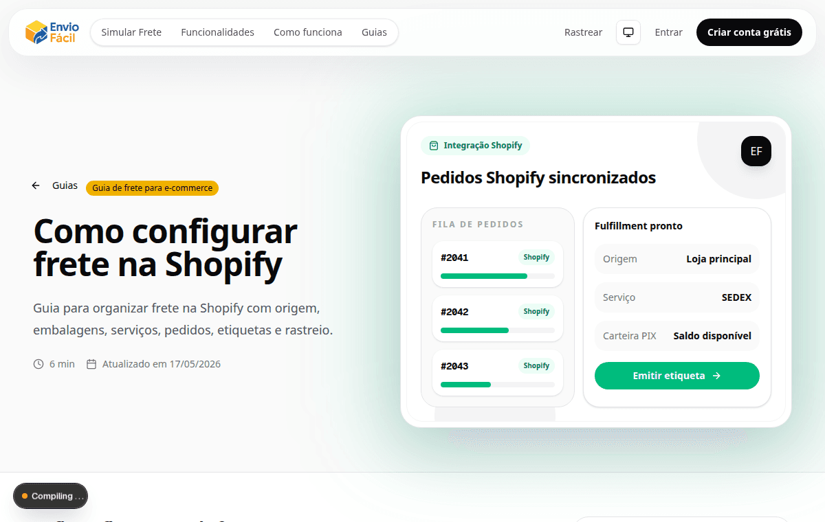 Prévia da página Como configurar frete na Shopify