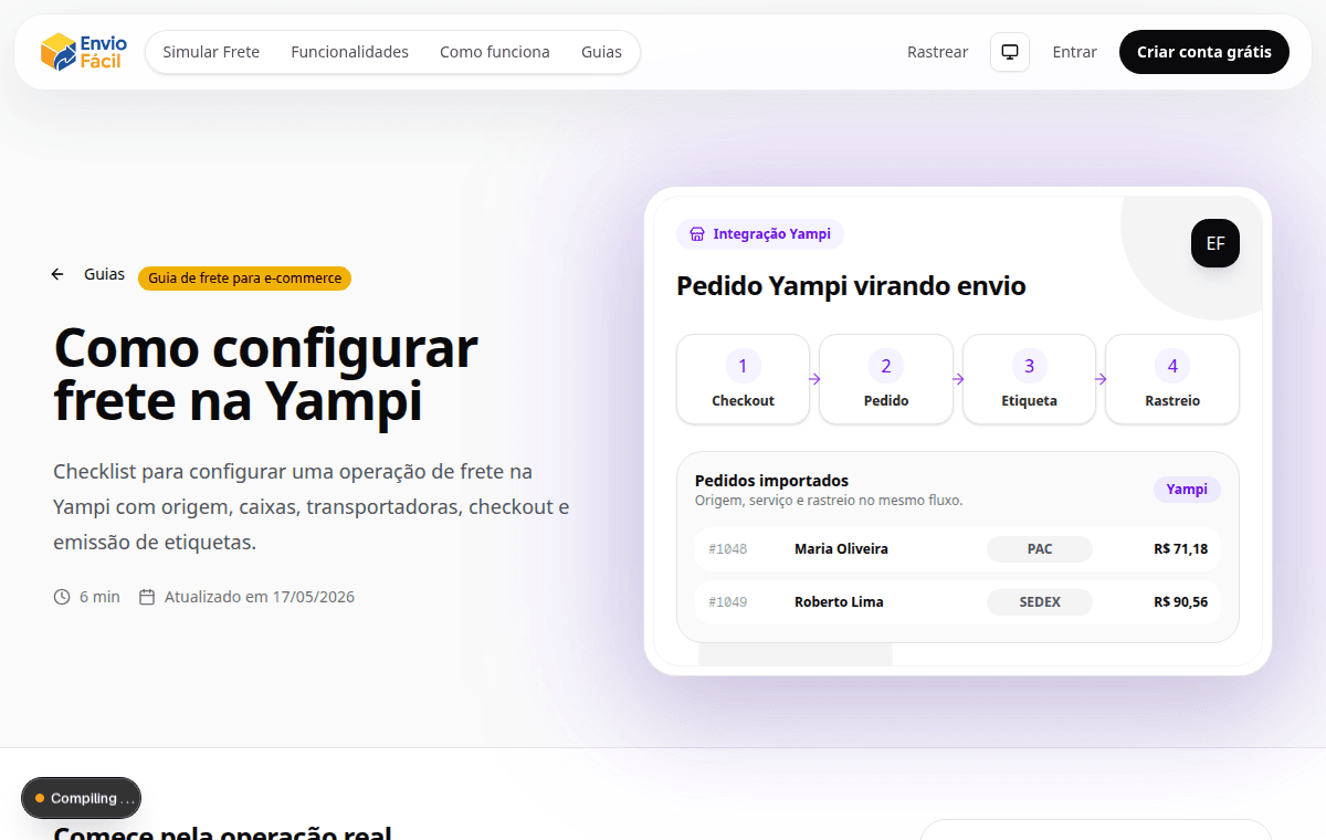 Prévia da página Como configurar frete na Yampi
