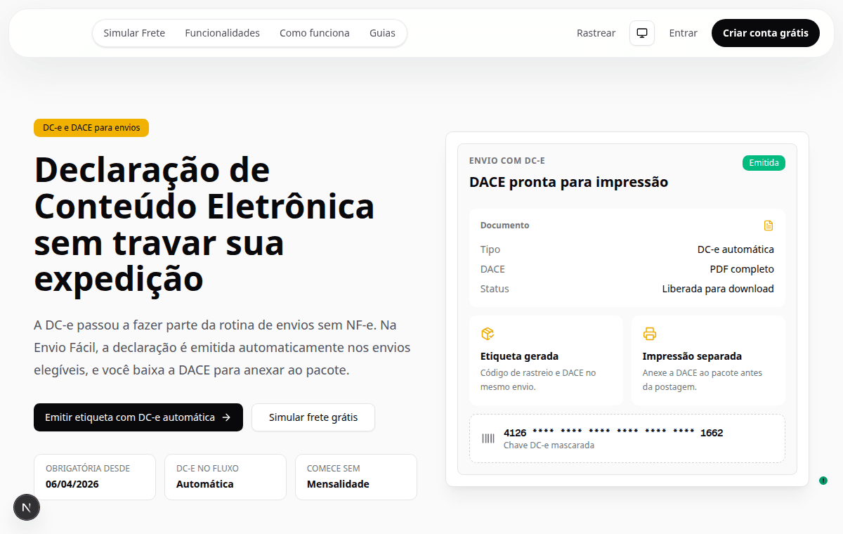 Prévia da página Declaração de Conteúdo Eletrônica (DC-e)